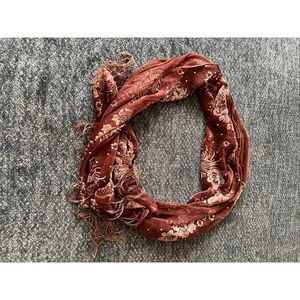 Vintage Floral Patterned Brown Scarf with Fringe